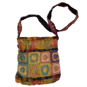 PRANA Granny Squares Crochet Crossbody Woven Yellow Pink Hemp Hippy Shoulder Bag